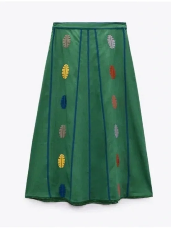 NWT ZARA Green Embroidered A-Line Skirt Linen Blend Aztec size Extra Small - Picture 1 of 7